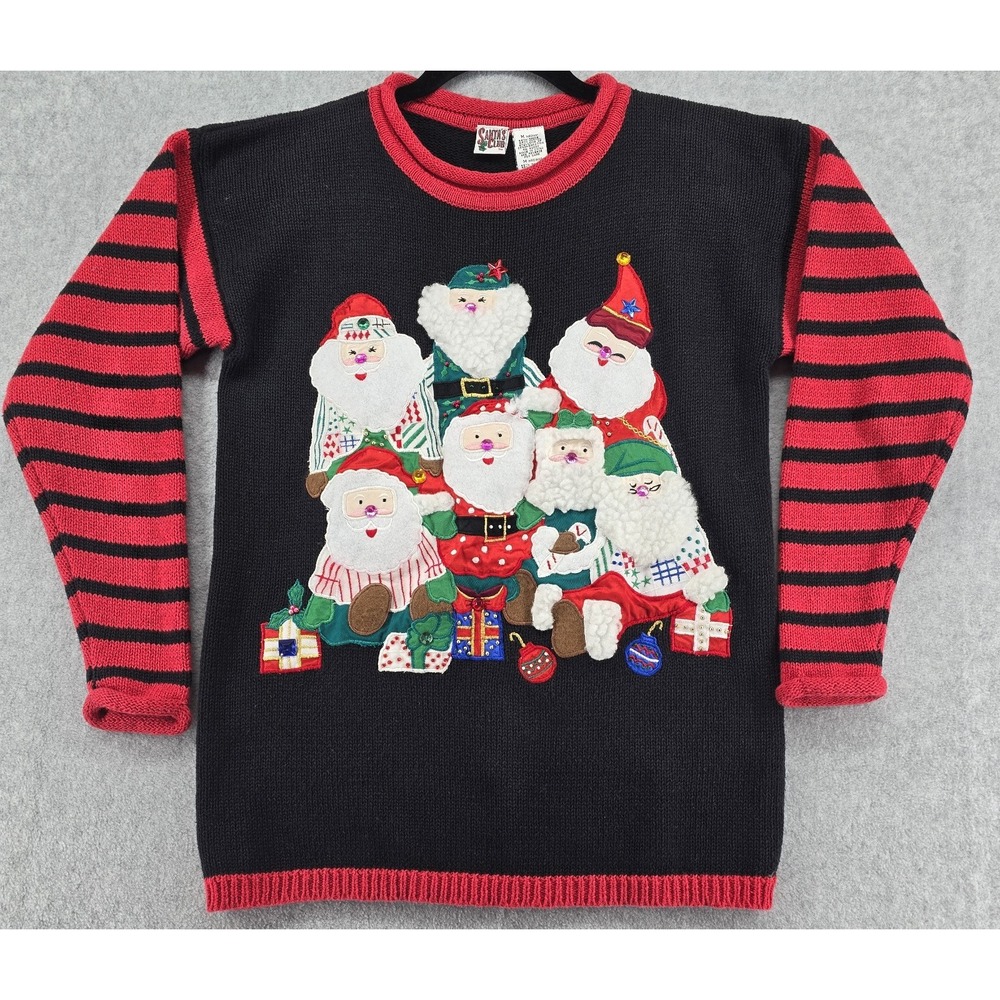 Vtg Santa Club Christmas Sweater Womens M Santas Embroidery Applique Ugly Stripe